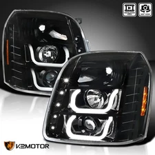Jet Black Fits 2007-2014 GMC Yukon XL Denali LED Strip Projector Headlights L+R