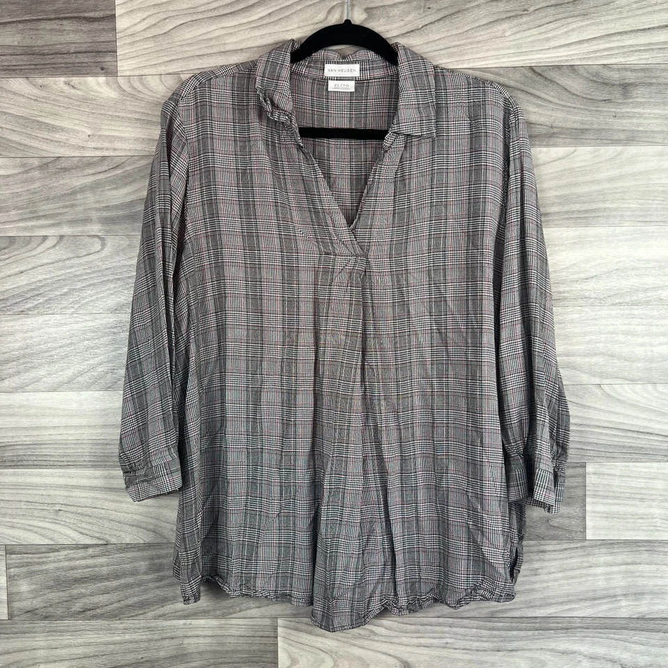 Van Heusen Lote De 2 Blusa Mujer XL Multicolor A Cuadros Manga 3/4 Dividido Cuello en V Foto 2 de 4