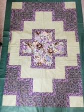 New Quilt Top Green & Purple All Cotton 56”x80” Made In USA