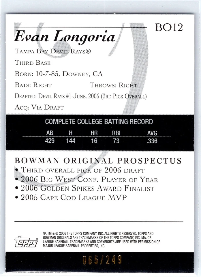 EVAN LONGORIA 2006 Bowman Originals Prospects Rookie /249 Tampa Bay Rays #BO12 - Imagem 2 de 3