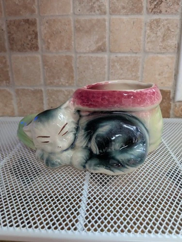Vtg Pottery Cat Sleeping on a Green Shoe "Planter"  from 1940's- 1950's