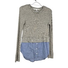 Veronica Beard Cassie Combo Sweater Gray Blue Wool Ribbed Knit Pullover Size S