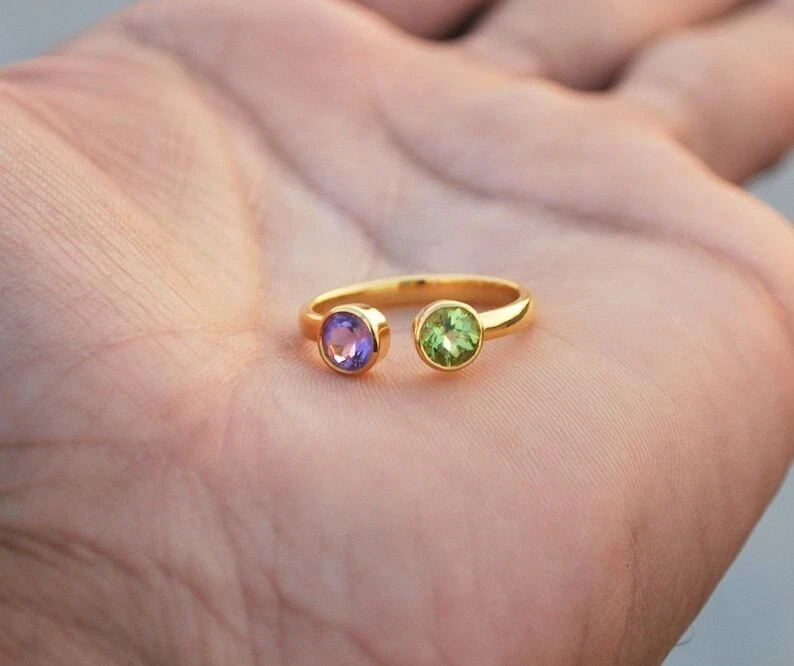 Natürlich Amethyst Und Peridot Damen Ring 14k Gelbgold Versilbert Ring - Bild 2 von 4