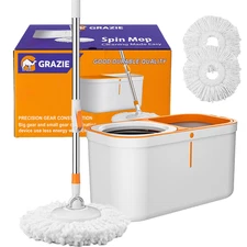 Spin Mop and Bucket with Wringer, Stainless Steel Handle, Self-Wringing System