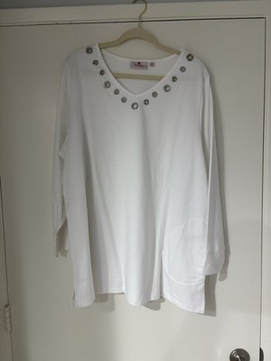 Quacker Factory Top Tunic White Long Sleeve Bling Studded Pockets 2X