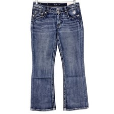 Miss Me Boot Cut Jeans Mid Rise Size 30 Short Distressed Denim Embellished NEW