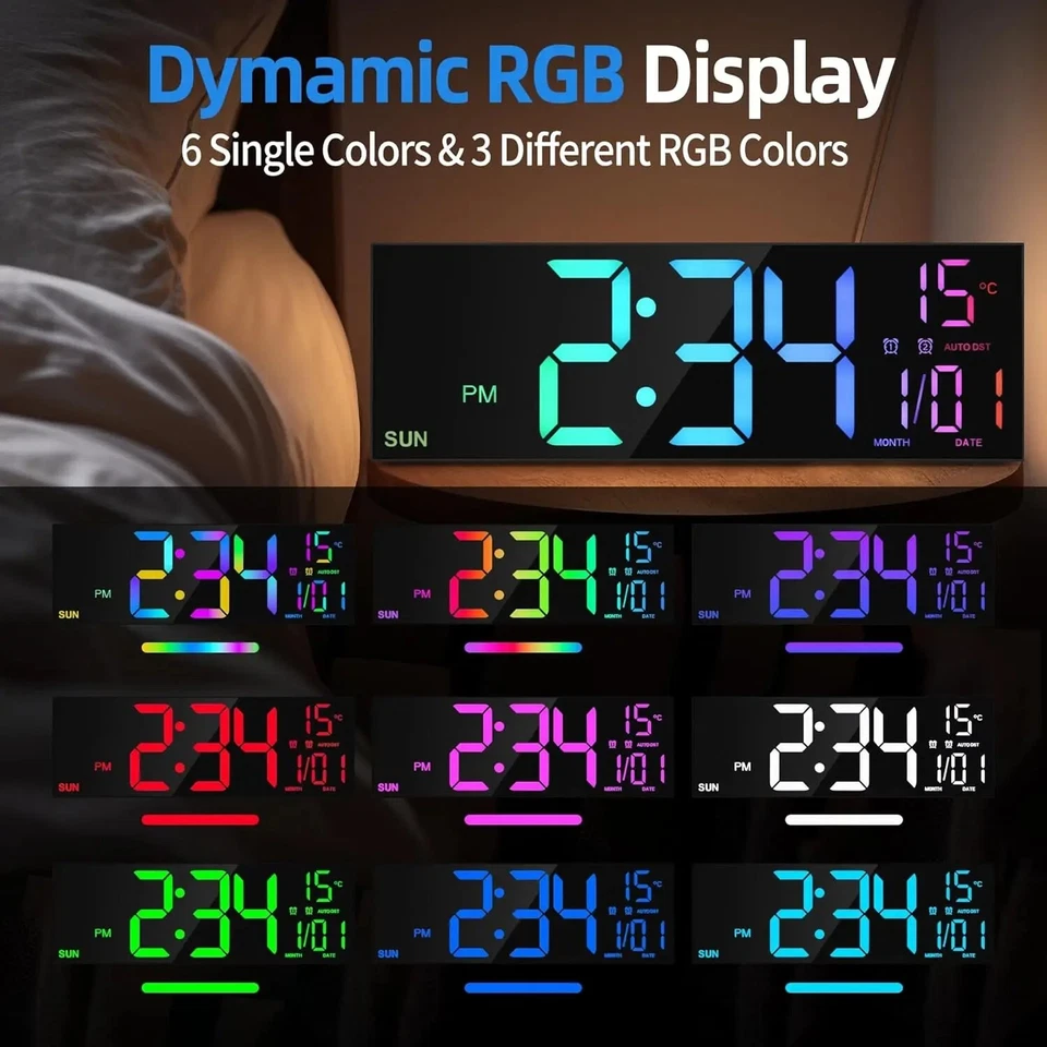 16.2'' Digital Wall Clock Large with Remote LED Big 8 Color Display Alarm RGB 5V - Image 3 of 4