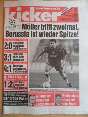 KICKER 91- 6.11. 1997 Paris St.Germain-Bayern 3:1 Dortmund-Parma 2:0 Ulf Kirsten