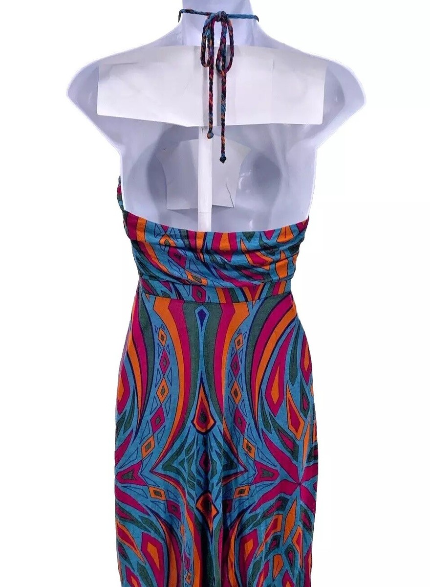 Vintage Y2K T Bags Los Angeles Halter Dress L Beachy Deco Retro 70s Print Jersey