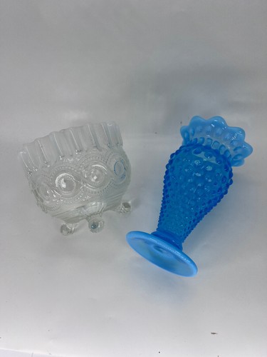 Northwood white Opalescent Art Glass bowl Fenton Blue ruffled opal hobnail vase - Bild 11 von 14