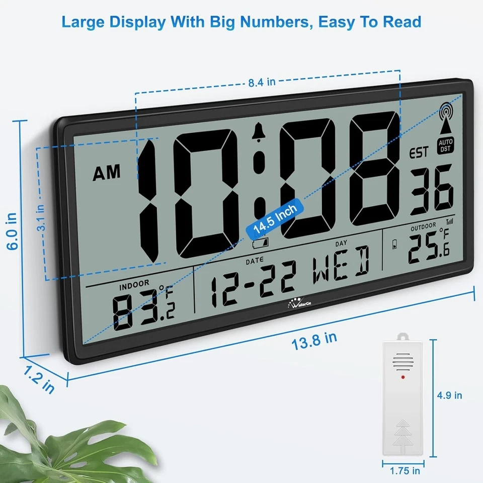 14.5" Jumbo Atomic Wall Clock: Accurate Time & Indoor/Outdoor Temp Display - Image 4 of 4