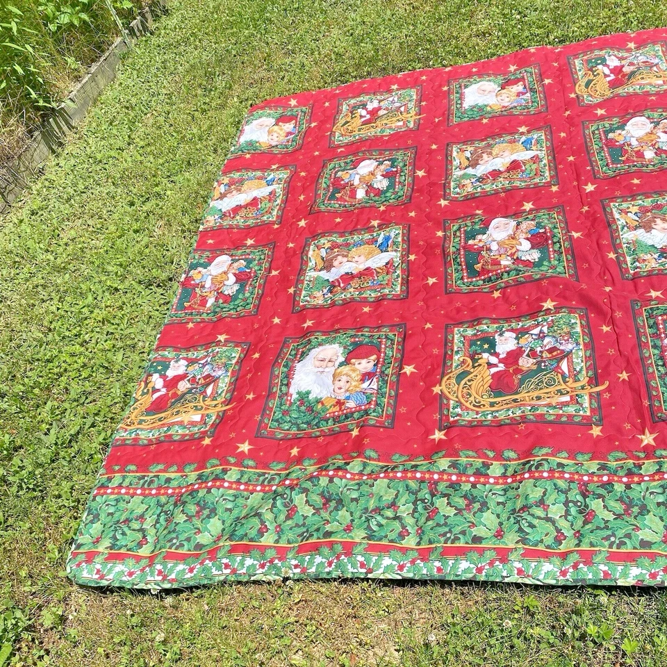 Colcha reversible vintage de Navidad de Papá Noel con bordes de acebo 96x88 Foto 3 de 4