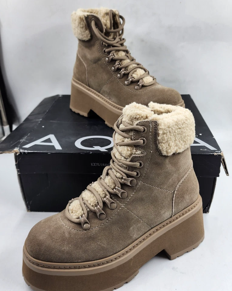 Botas femininas AQUA Thea com cadarço clima frio 6,5M cogumelo vaca camurça biqueira redonda - Imagem 3 de 4