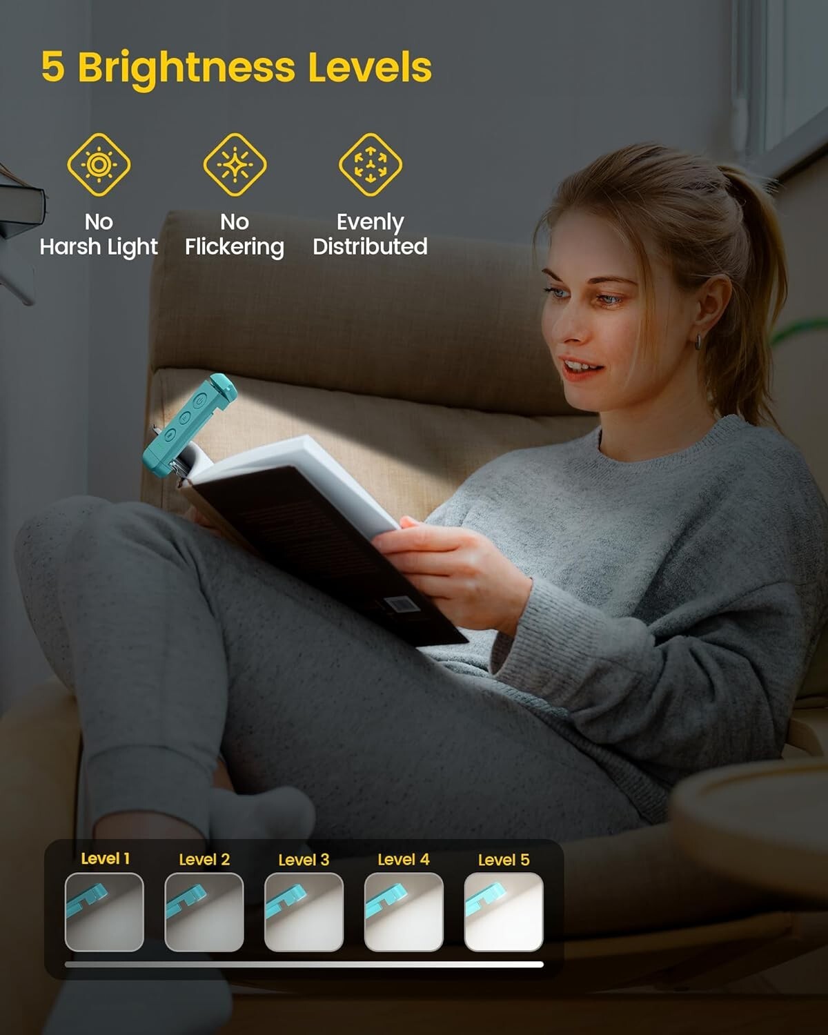 LED Reading Night Light, Clip On Book, USB Rechargeable, Adjustable