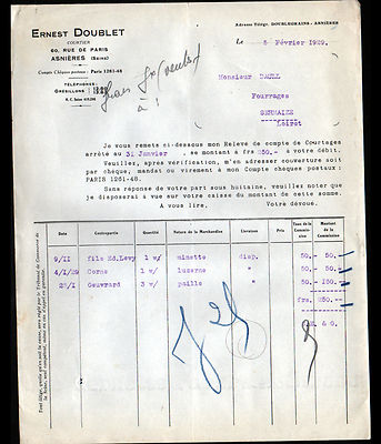 ASNIERES (92) GRAIN & FODDER BROKER / STRAW & ALFALFA ''E. DOUBLET''