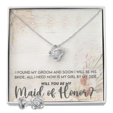 Maid of Honor Proposal Necklace - Bridal Jewelry - Love Knot Pendant Earring Set