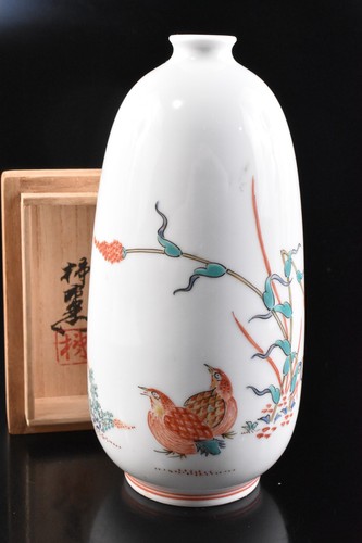 F3129: XF Japanese Arita-ware Colored FLOWER VASE Uemon made w/signed box