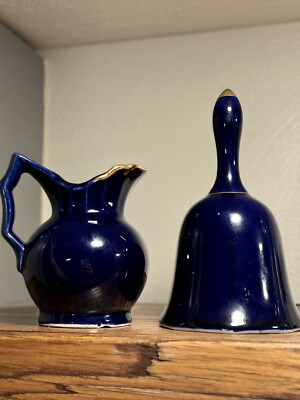 Vintage Porcelain Cobalt blue BELL & PTCHR w/ gold trim and