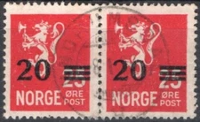 1180 Norway 1927-28, NK 156, SG 196, MI 133, SC #129, Pair of Lions Surcharged.