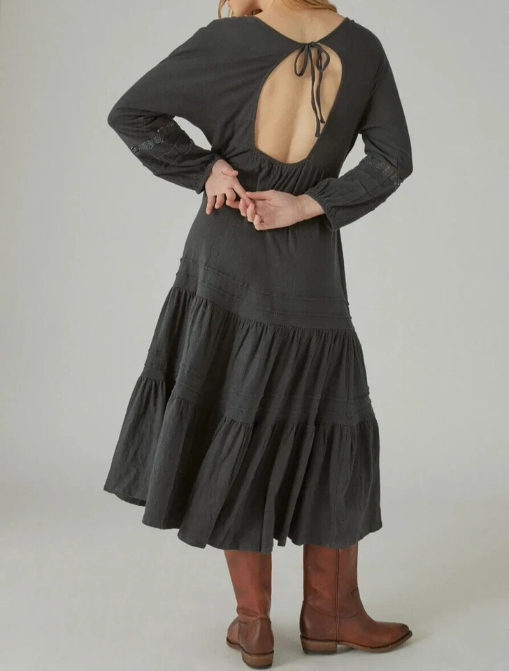 Новый с Ярлыками Lucky Brand макси платье большой богемное хиппи серый вышитая кнопка крючком - Изображение 2 из 4