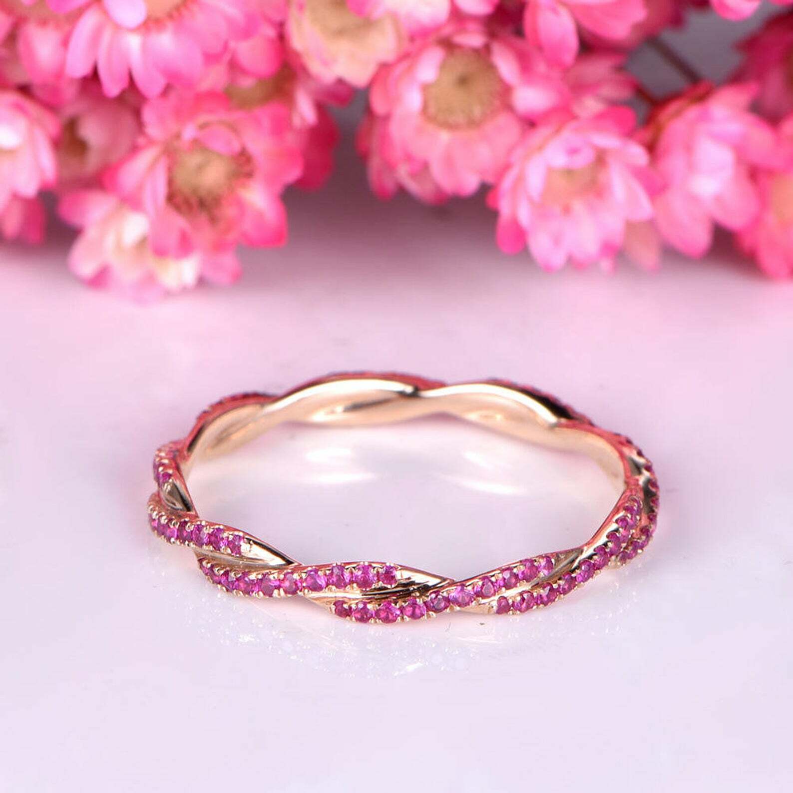 1.2ct Pink Ruby Twisted Eternity Wedding Band in Rose Gold Plated Silver-image