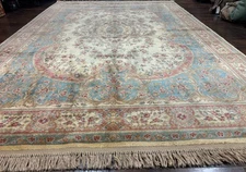 Karastan Rug 8.8 x 12, Ivory Medallion Kirman #700/711, Wool Pile, Vintage