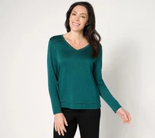 AnyBody Brushed French Terry V Neck Pullover Size XL Long Sleeve Teal Essentials