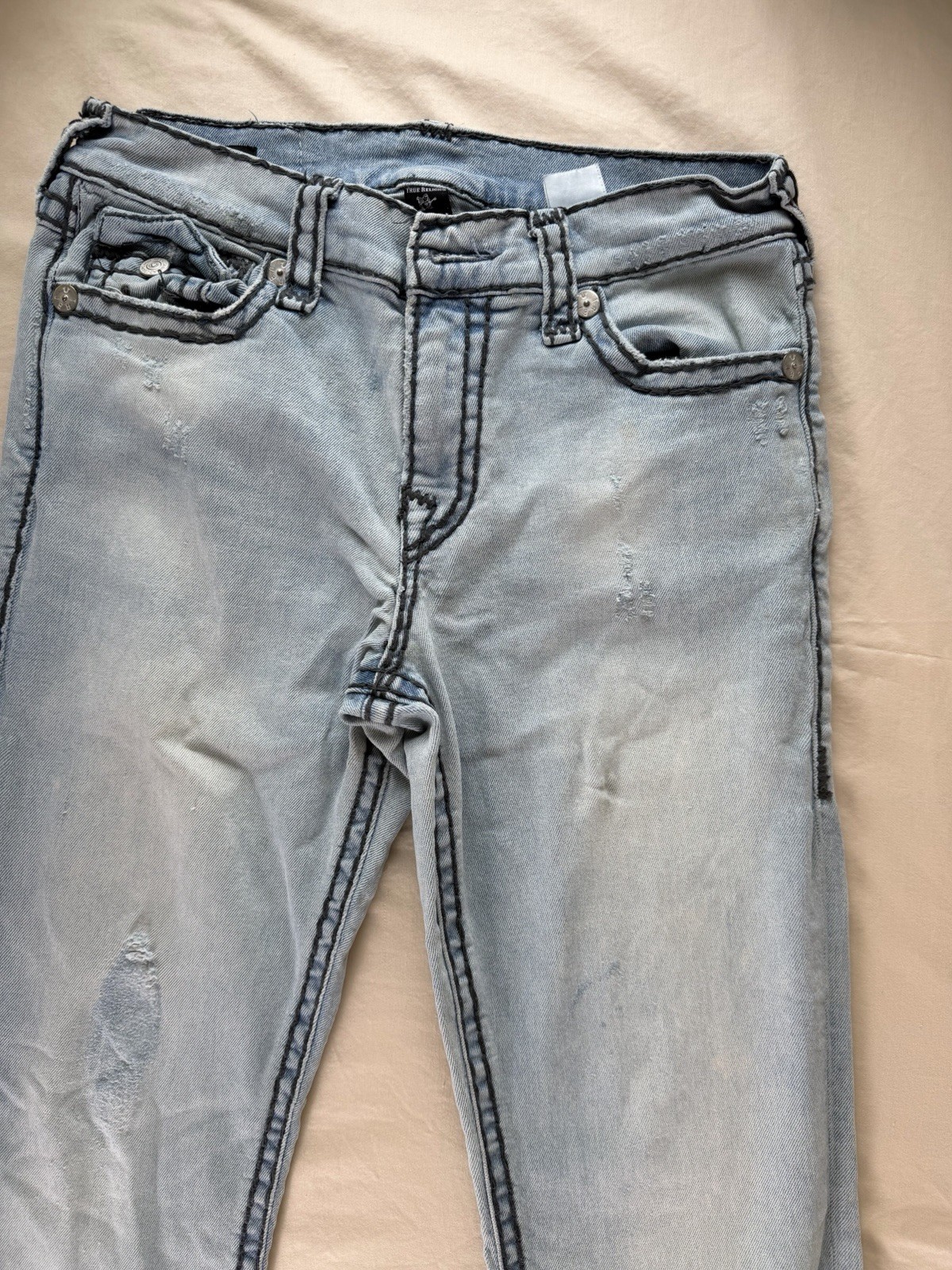 True Religion Ricky Relaxed Straight Jeans Mens 32 Light Wash Thick Stitch thumbnail 2