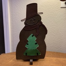 Large Metal Rustic Snowman Christmas Votive Candle Holder With Green Glass Tree