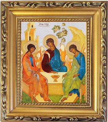 Ornate Orthodox Holy Trinity Wooden Gold Toned Frame Religious Icon 6.25 In