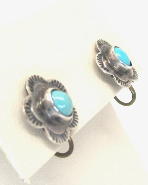 Early Navajo 1940 Brass and Sterling Silver Turquoise Earring Screwbacks - Image 2 of 4