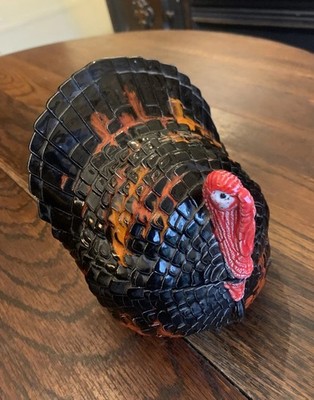 Vtg Ceramic 1970's Thanksgiving Decor Turkey Candy Dish w/Lid Handpainted 6.5 H