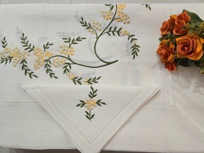 Pure Linen Embroidery Mimosa Tablecloth 12 Seater 180x275cm Hand Finished