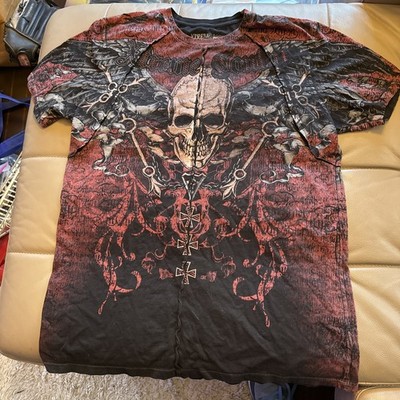 Xtreme Couture By Affliction Size XL T-shirt Black Red Skull All Over print Rare