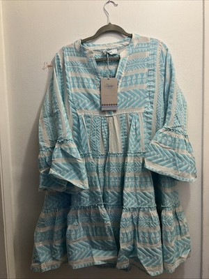 Devotion Twins Embroidered Ella Tunic Dress Size Medium B Blue Off White Boho