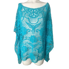 Karen Kane Crochet Coverup Popover Top OS Bracelet Sleeve Lacy Sheer Fairy Blue