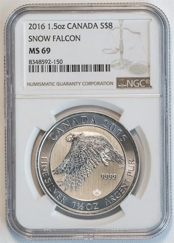 2016 $8 Canada Snow Falcon 1.5 ozt Silver Fine (NGC MS69 MS 69) 