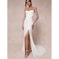 Lulus Eternally Beloved White Mesh Off-the-Shoulder Pearl Maxi Dress XS NWOT