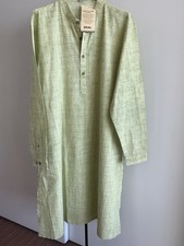 NWT FABINDIA Men's Kurta Lime       Green Woven Cotton Nehru Long Kurta L / XL