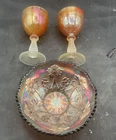 PAIR OF VINTAGE CARNIVAL FENTON SAILBOATS WINE GLASSES LITTLE FLOWERS BERRY BOWL