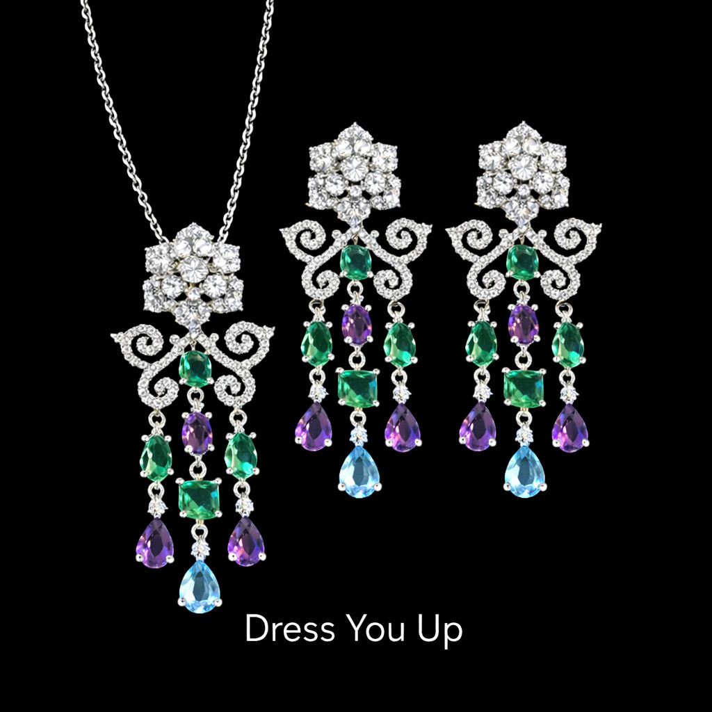 Rhodium Plated multicolored stone pendant and earring set