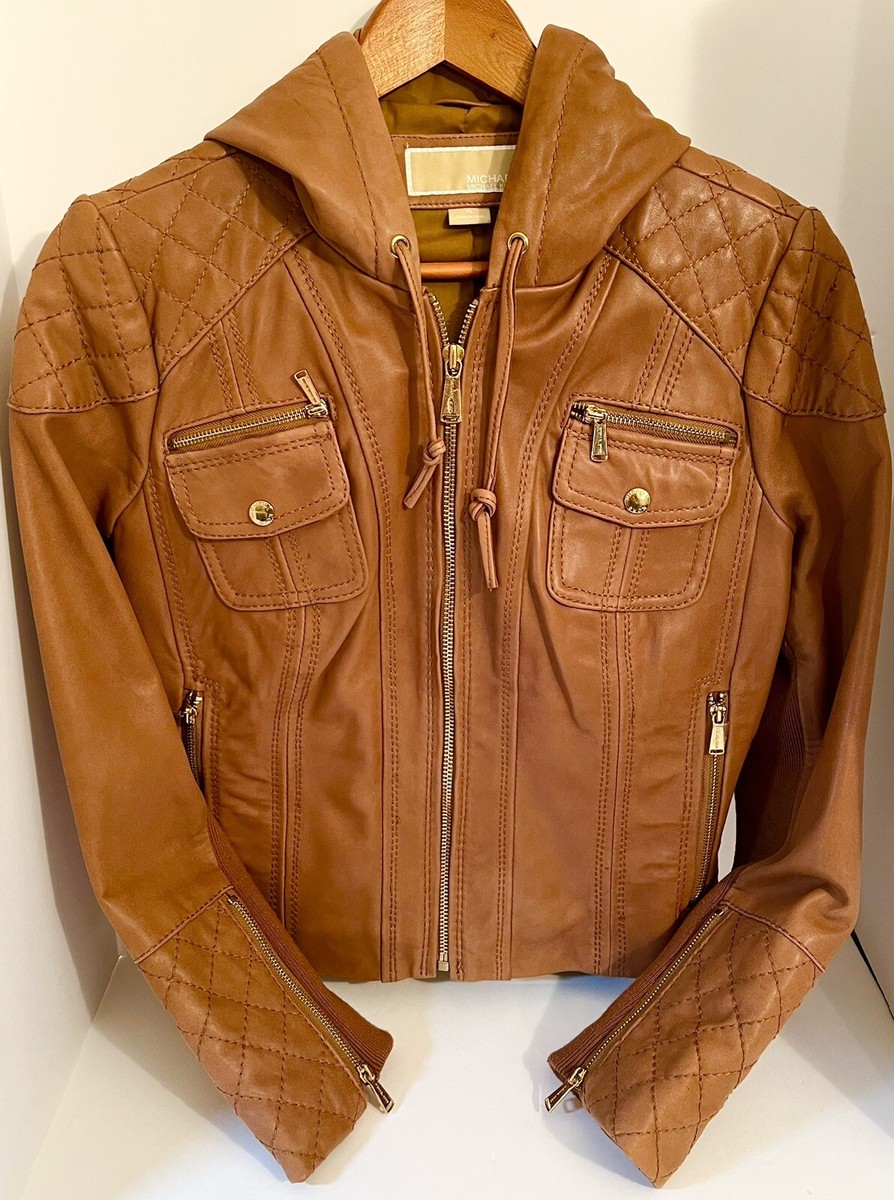 大幅値下げ★新品　MICHAEL KORS ブラウン レザージャケット Michael Kors Brown Caramel Leather Moto Jacket Womens Sz PL