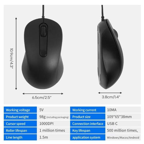 Type C Mouse Ergonomic USB C Mice 3 Buttons 1000DPI, Gaming and Office Use - Picture 8 of 8