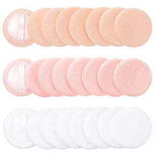 24 Round Face Body Powder Puffs Makeup Pads w/ Strap for Loose Pressed Powders