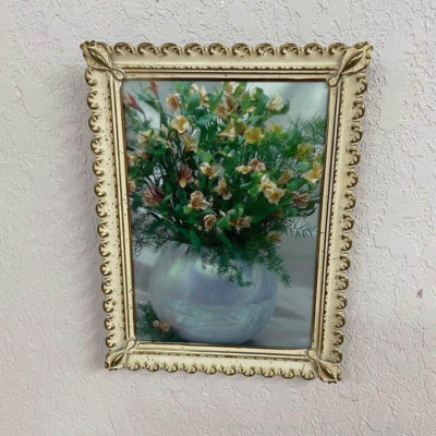 Vintage White Gold Metal Framed Reflective Print Flowers Floral Vase Ornate 6x8