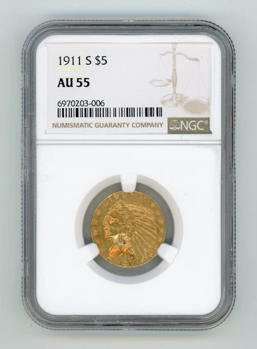 1911-S GOLD INDIAN HEAD HALF EAGLE $5 AU 55 NGC