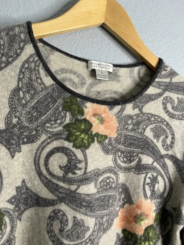 Investments Women's 100% Cashmere  L Paisley Gray  Long Sleeve - Image 4 of 4