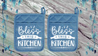 Bless This Kitchen #1  (2) Pocket Pot Holder Oven Mitt 14slatedbl
