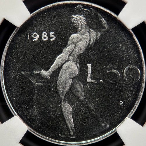 ITALY. 1985, 50 Lire - NGC PF69 - Top Pop 🥇 Oak Wreath, Vulcan, Iron on Anvil - Picture 7 of 7