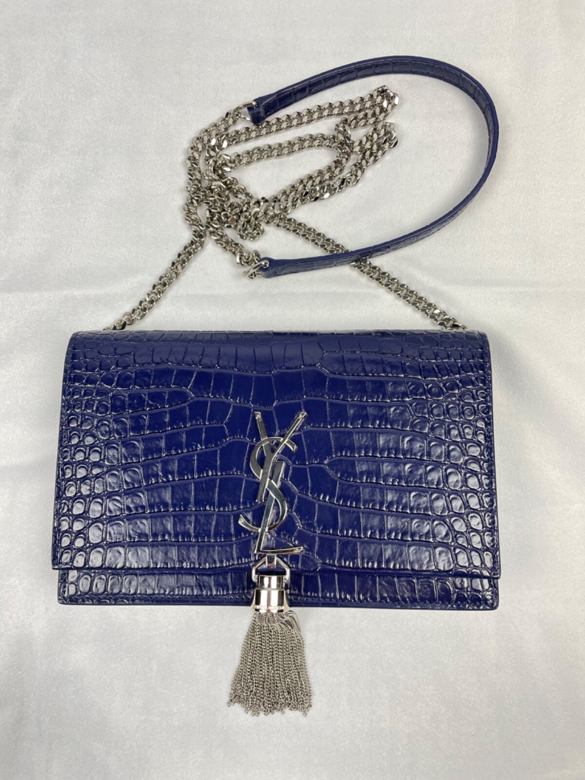 SAINT LAURENT YSL Saint Lauren WOC borsa clutch blu coccodrillo argento originale